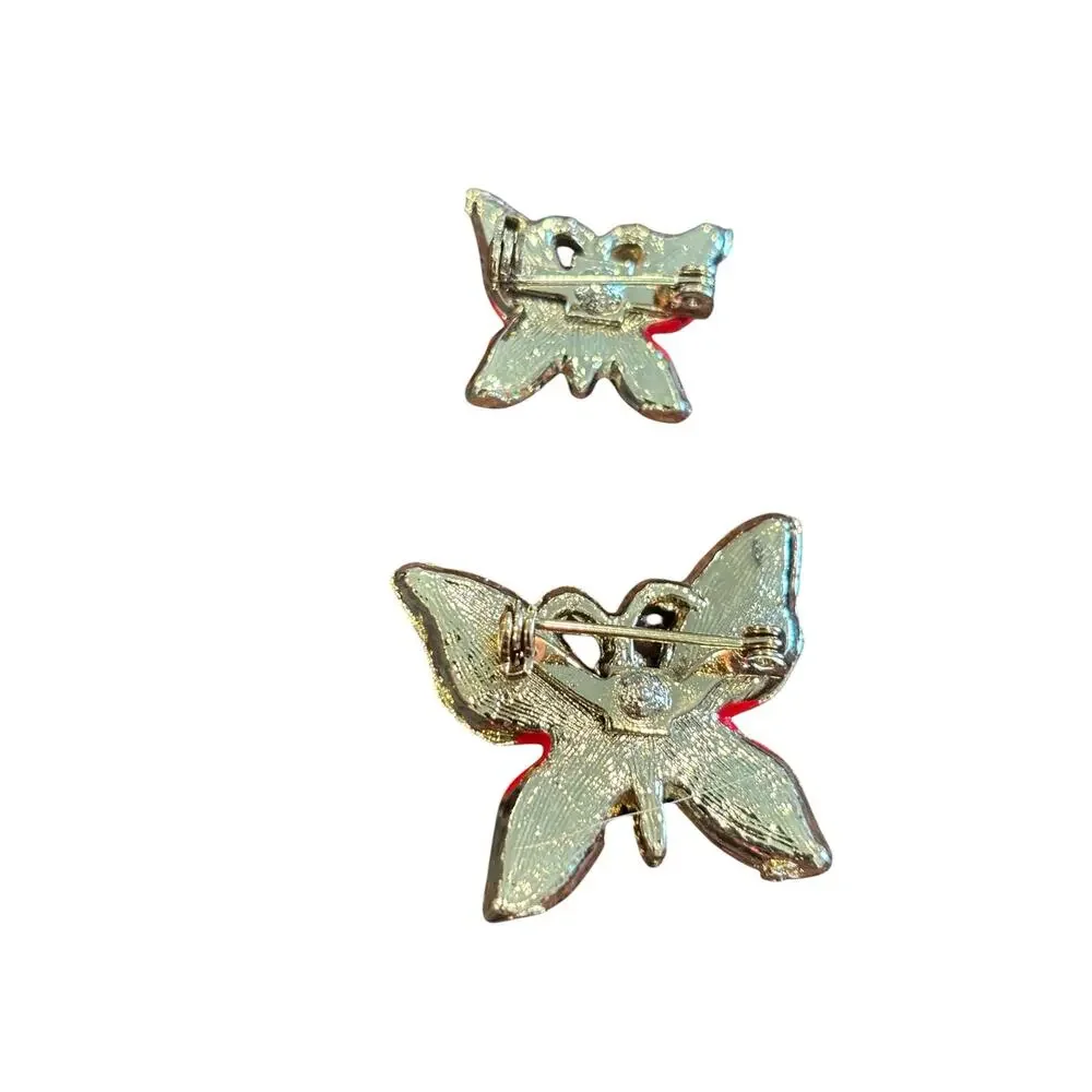 Vintage Red Enamel Butterfly Brooch Set Rhinestone Gold Tone Mother Daughter